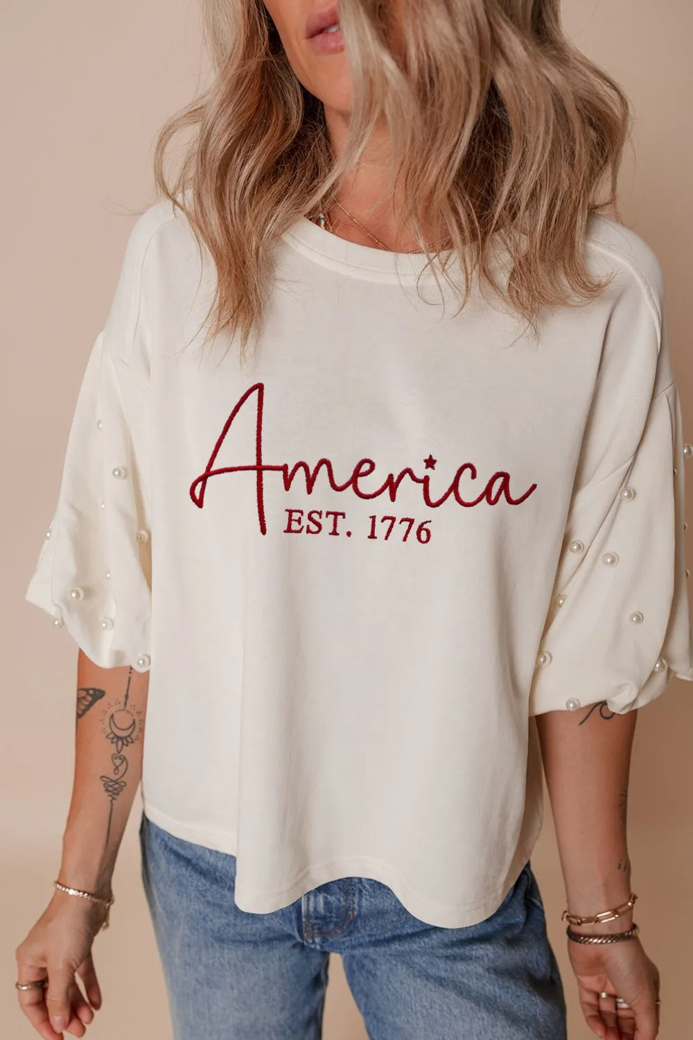 AMERICA EST 1776 Embroidered Pearl Beaded Sleeve T Shirt - Image 5