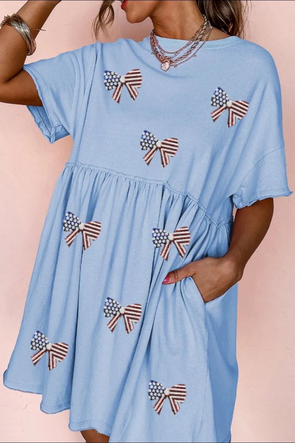 American Flag Bow Print Casual Dress - Image 3