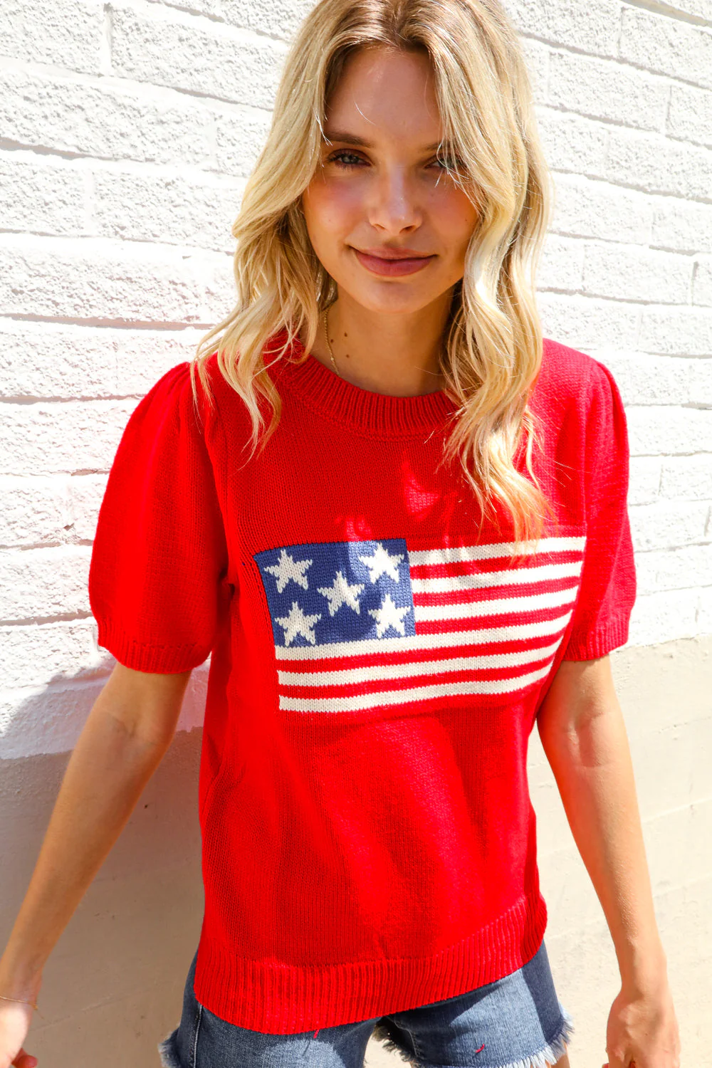 American Flag Bubble Short Sleeve Jacquard Sweater Knit Pullover - Image 13