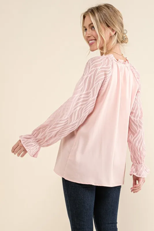 And The Why Leaves Shape Textured Sleeve Blouse - Image 3