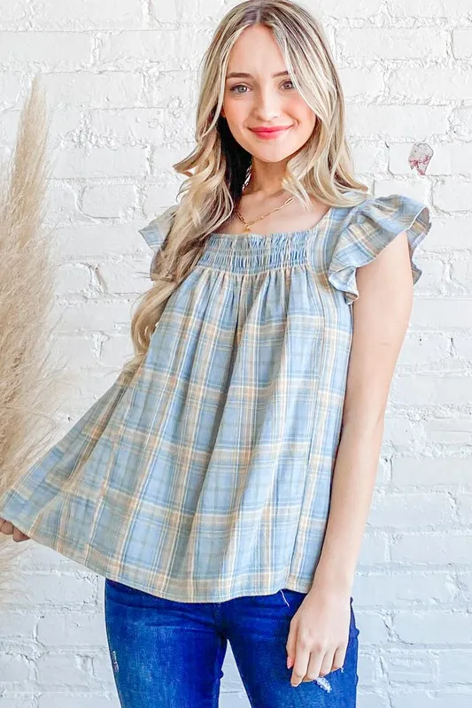 And The Why Plaid Print Smocked Detail Ruffle Baby Doll Top - Image 4