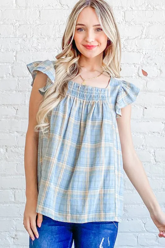 And The Why Plaid Print Smocked Detail Ruffle Baby Doll Top - Image 5