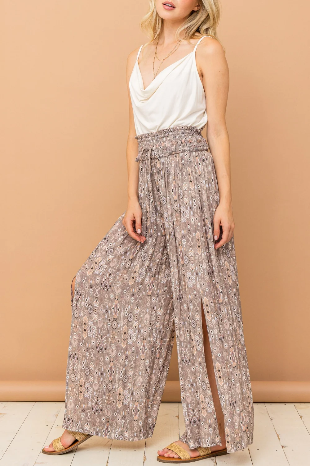 And The Why Printed Smocked Waist Slit Wide Leg Pants - Image 4