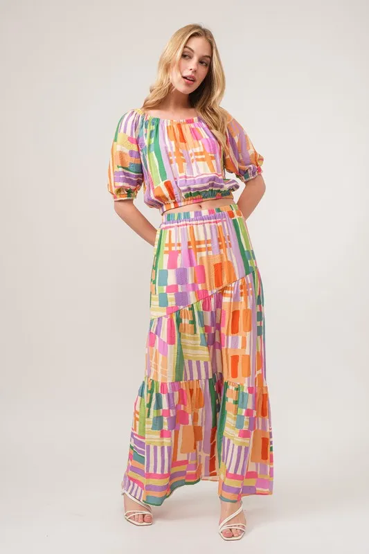 And The Why Puff Sleeve Elastic Edges Geo Printed Crop Top - Image 9