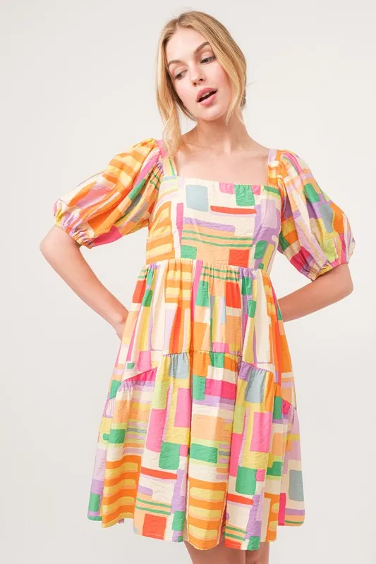 And The Why Square Neck Puff Sleeve Geo Printed Mini Dress - Image 2