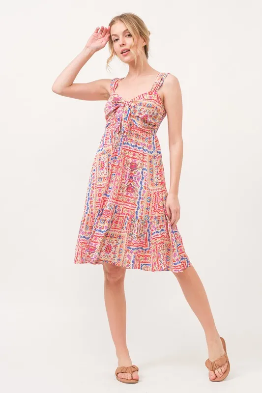 And The Why Tied Front Smocked Back Tiered Boho Printed Dress - Image 9