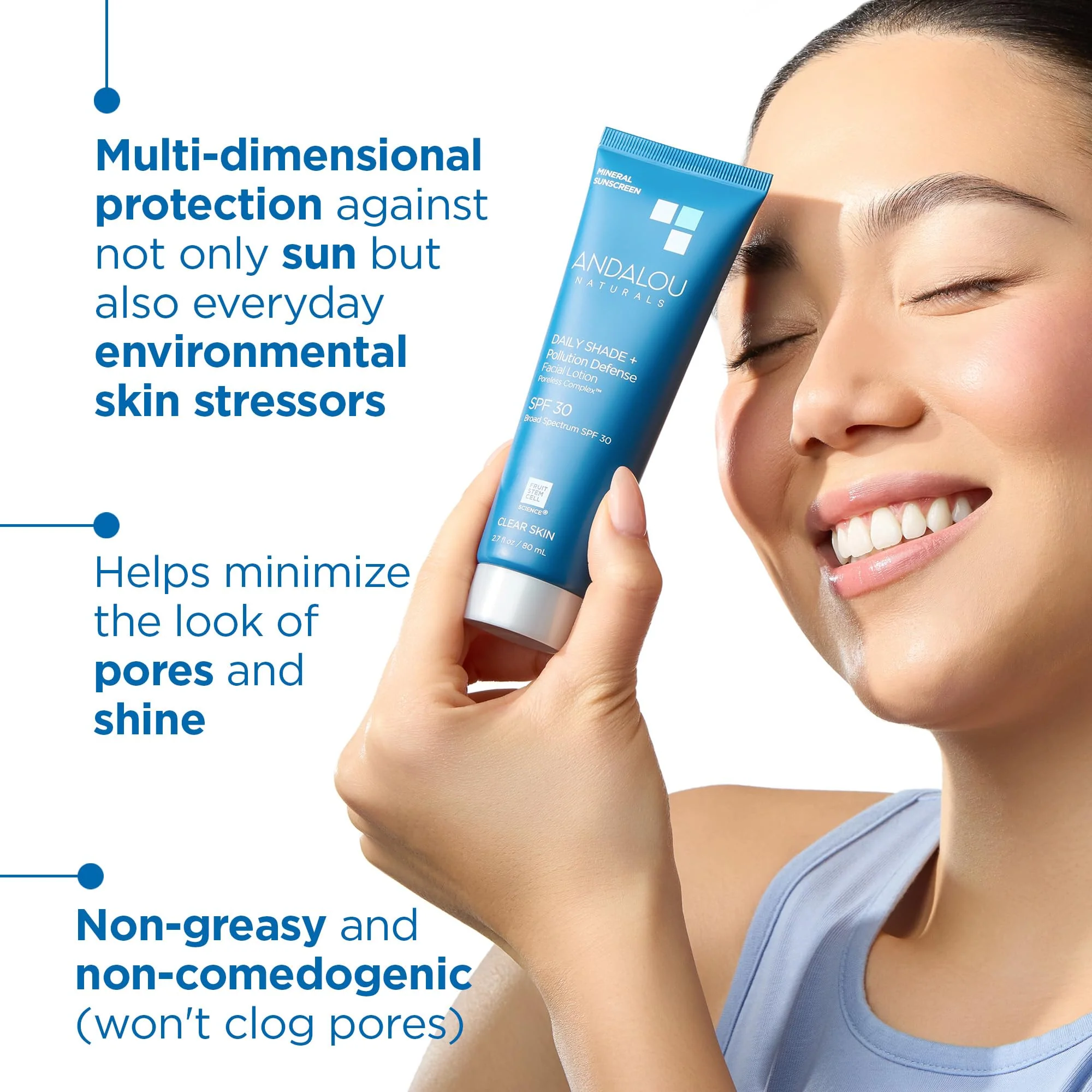 Andalou Naturals Daily Shade Face Sunscreen, SPF 30 Zinc Oxide Mineral Sunscreen, Sun + Pollution Defense Face Lotion, Helps Minimize Look of Pores, Matte Finish & Lightweight - 2.7 Fl. Oz. - Image 2