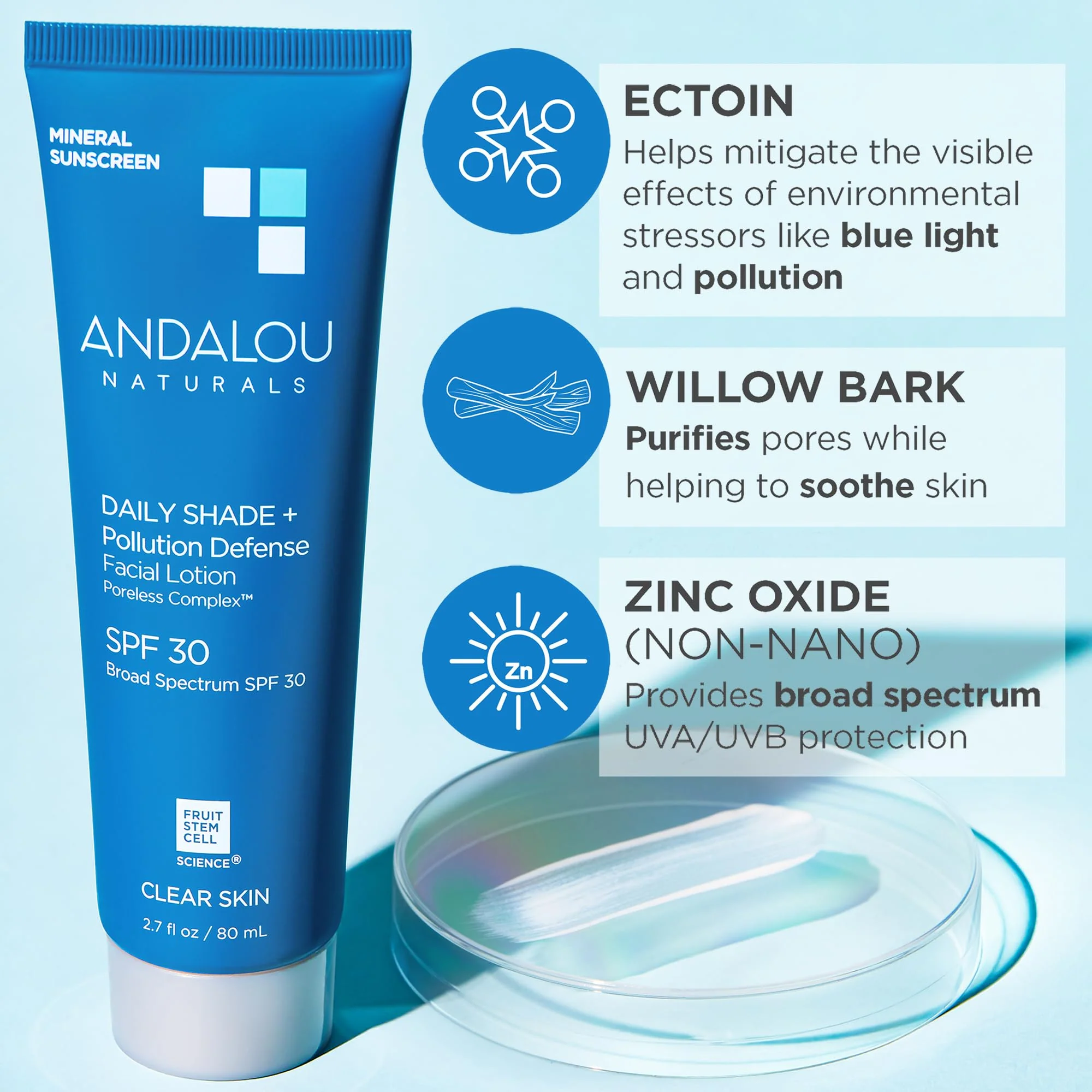 Andalou Naturals Daily Shade Face Sunscreen, SPF 30 Zinc Oxide Mineral Sunscreen, Sun + Pollution Defense Face Lotion, Helps Minimize Look of Pores, Matte Finish & Lightweight - 2.7 Fl. Oz. - Image 3