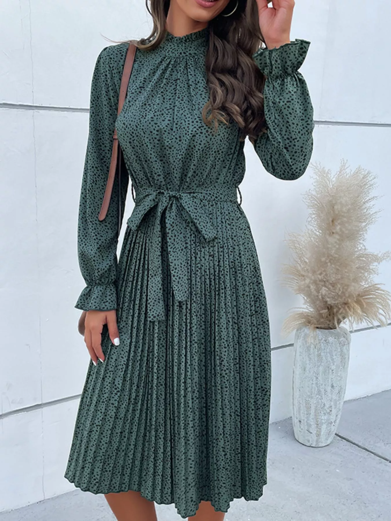 Animal Print Mock Neck Flounce Sleeve Dress - Image 10