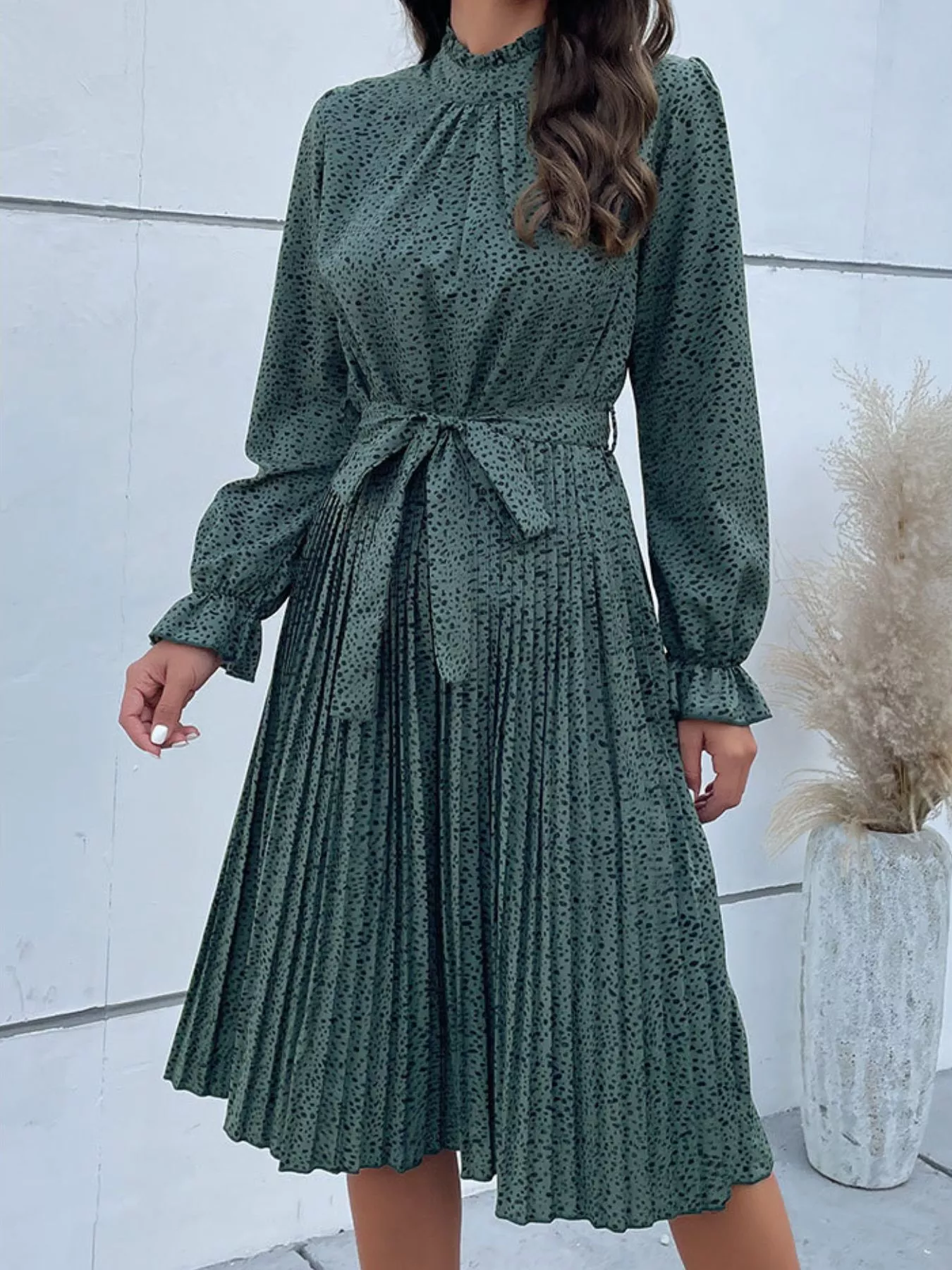 Animal Print Mock Neck Flounce Sleeve Dress - Image 8