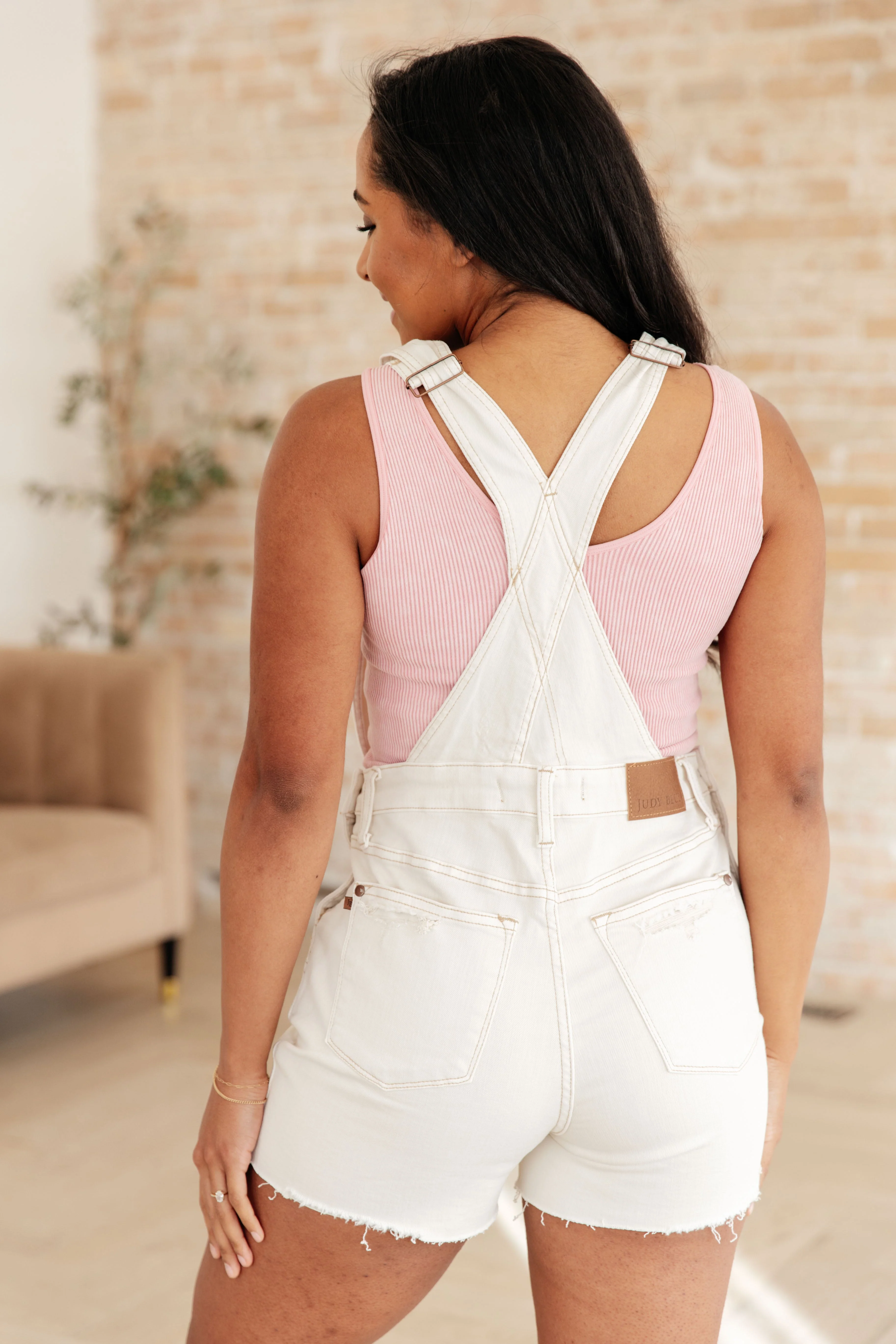 Anna High Rise Garment Dyed Cutoff Shortalls in Ecru - Image 10
