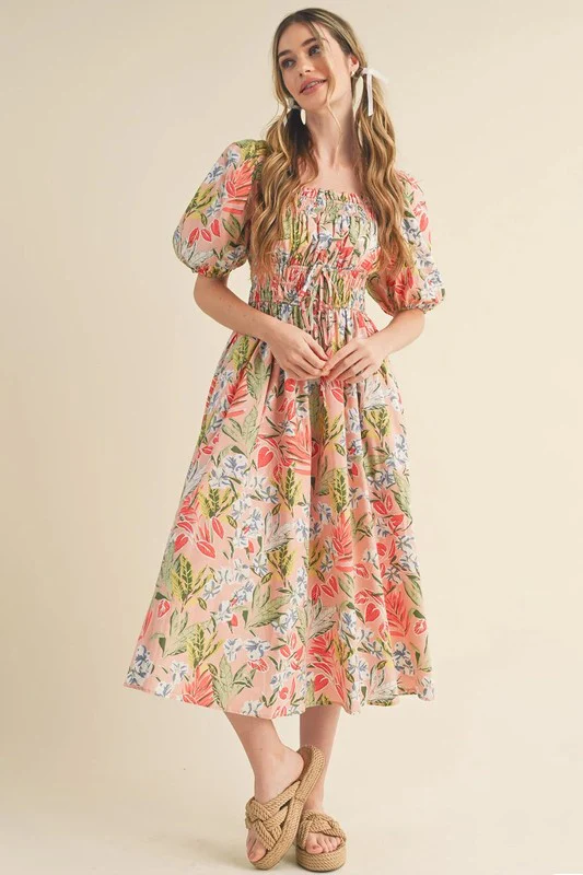 Apricot Pink Floral Knot Front Smocked Bubble Slee - Image 4
