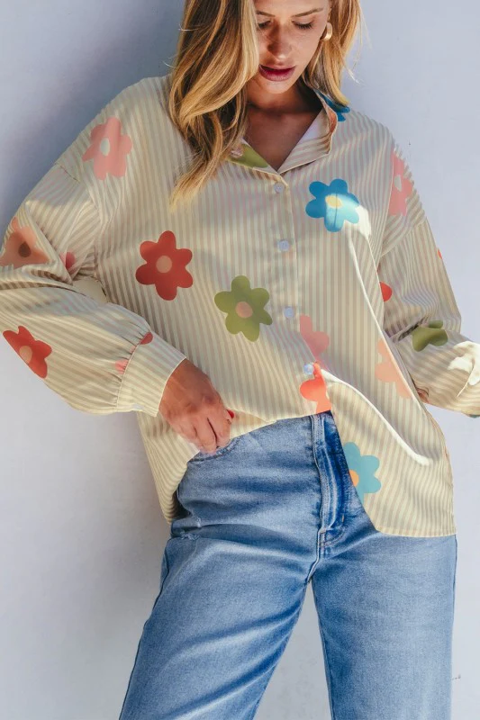Apricot Stripe Flower Collared Button-up Blouse - Image 6