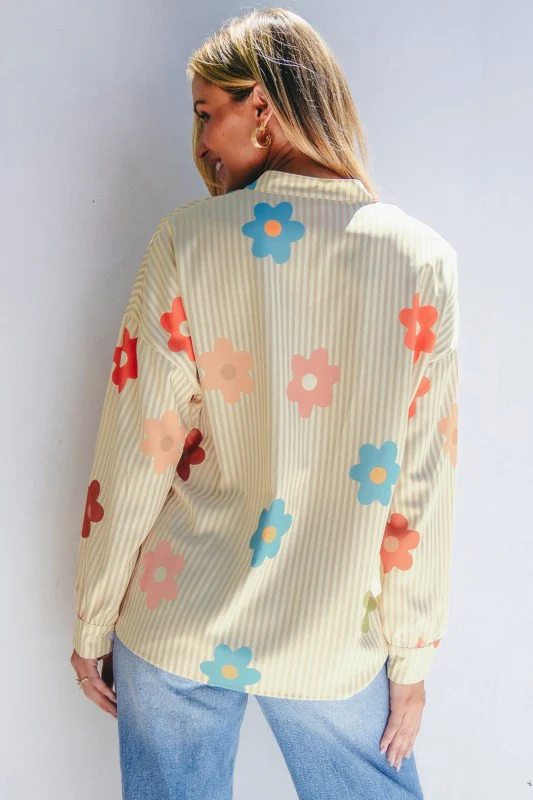 Apricot Stripe Flower Collared Button-up Blouse - Image 8