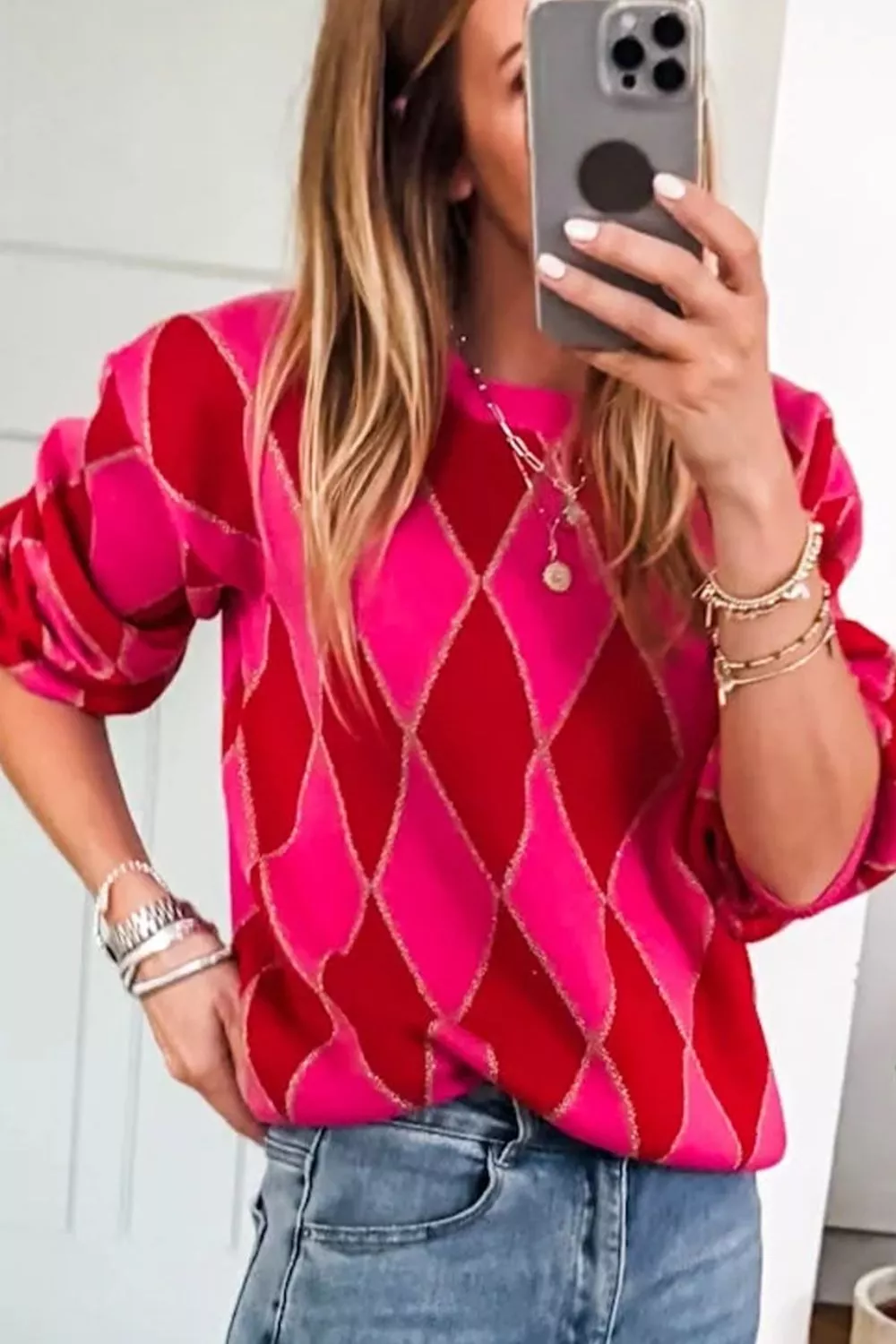Argyle Pattern Long Sleeve Sweater - Image 2