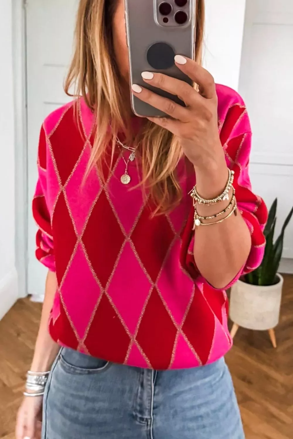 Argyle Pattern Long Sleeve Sweater - Image 4