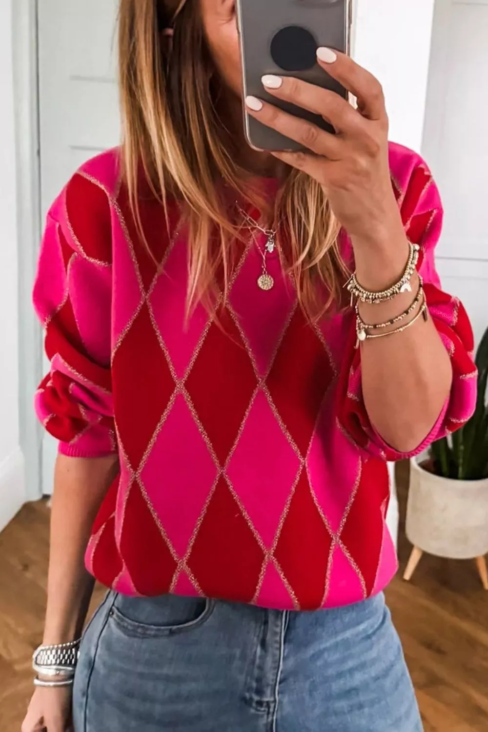Argyle Pattern Long Sleeve Sweater - Image 5