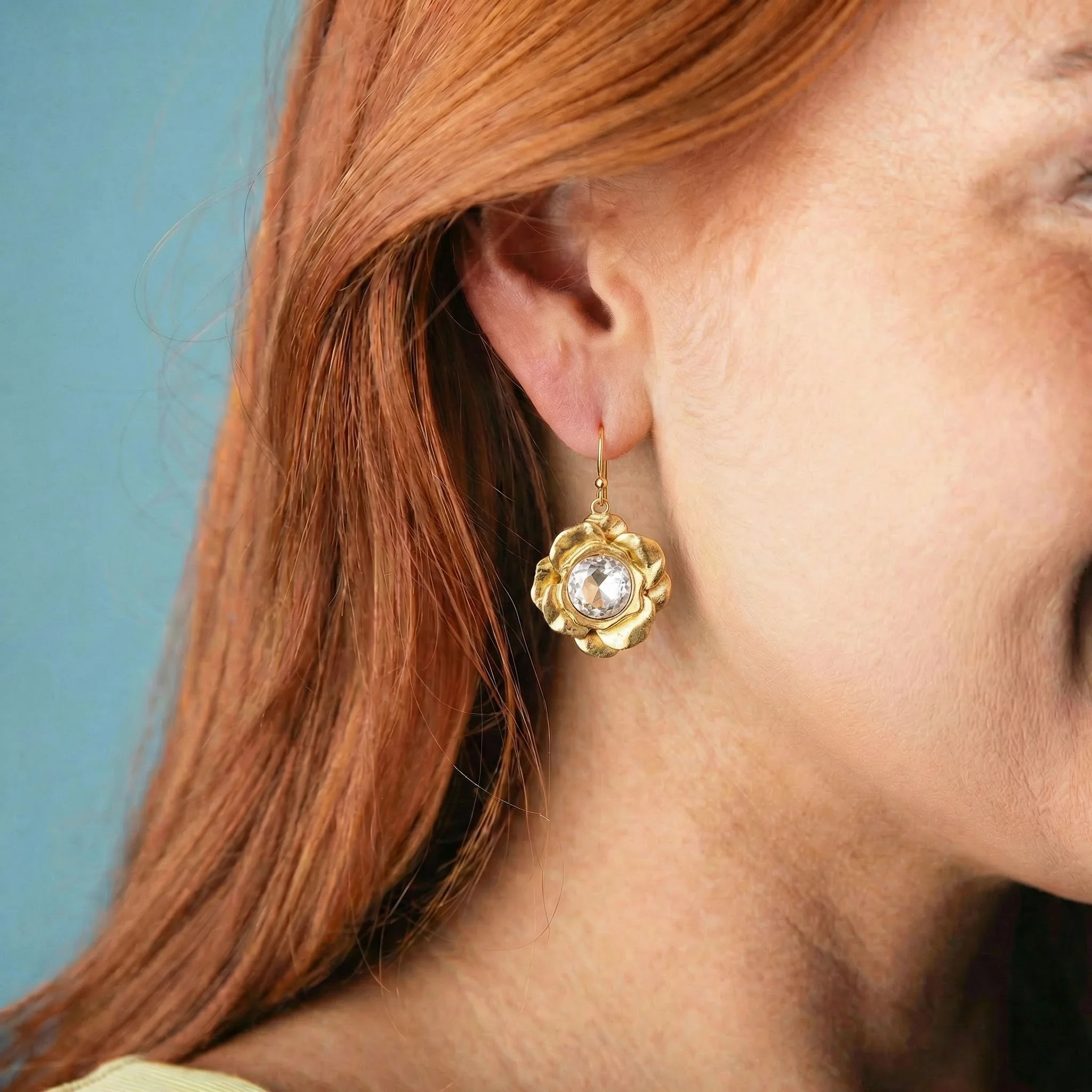 Artisan Flower Earring with Clear Crystal Center - Image 2