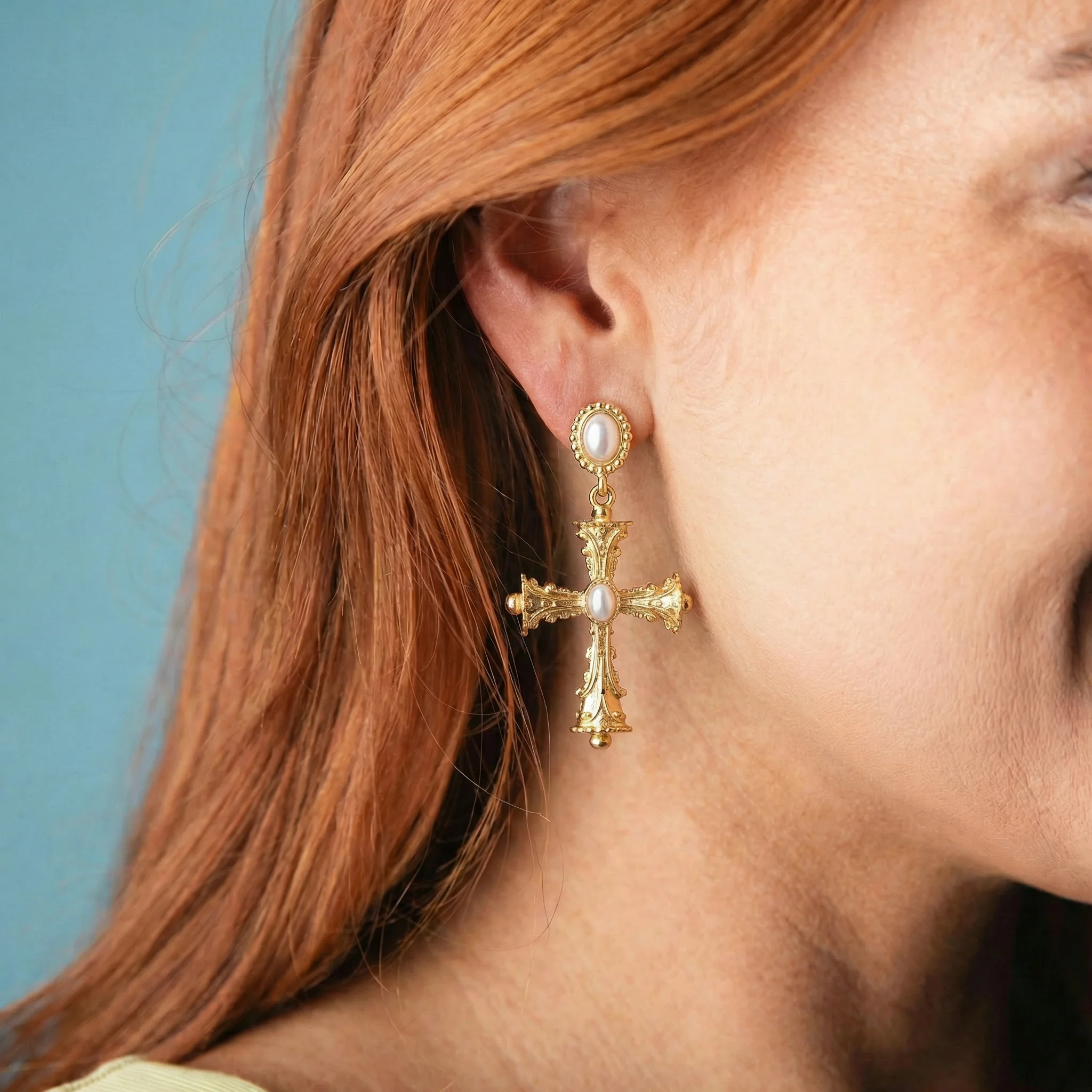 Artisan Pearl Post Earring with Gold Decorative Cross with Pearl Center - Image 2