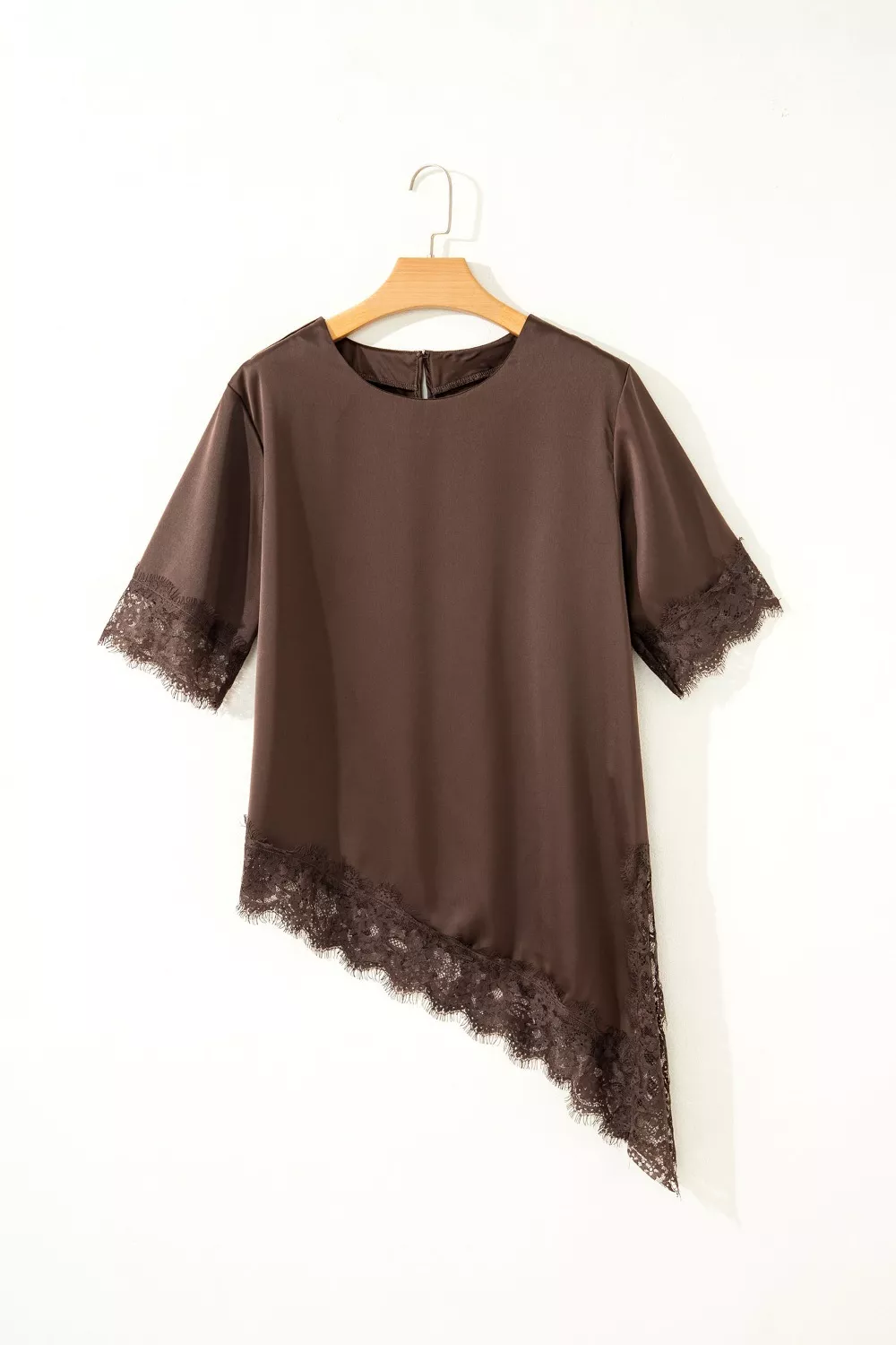 Asymmetric Lace Trim Short Sleeve Satin Top - Image 6