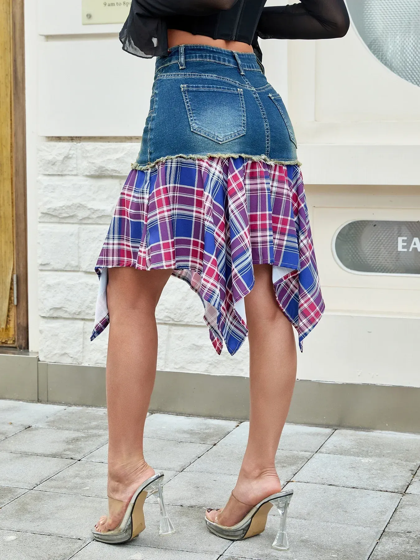 Asymmetric Plaid Hem Denim Skirt - Image 5