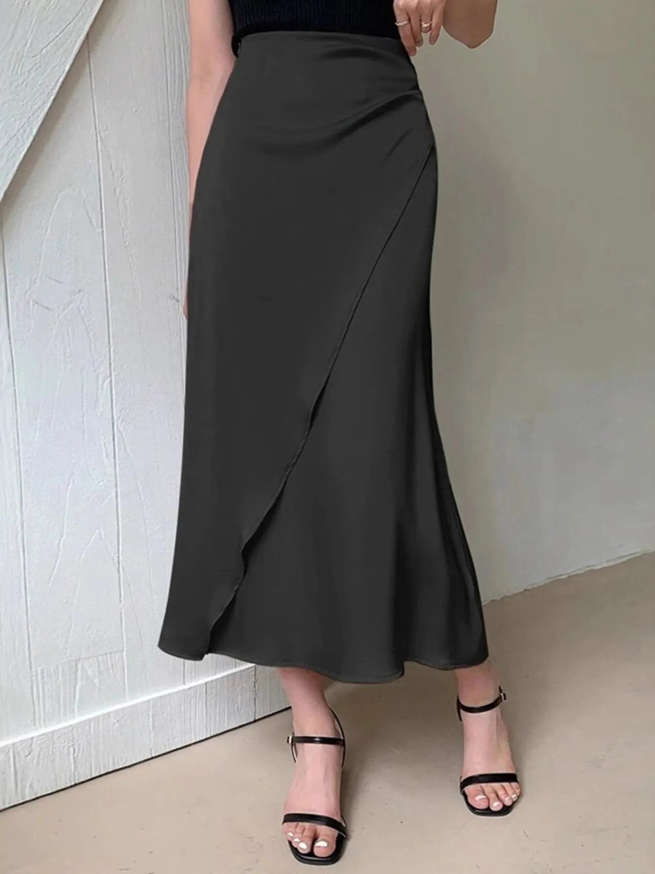 Asymmetric Wrap Midi Skirt with Fluted Hem - Image 8