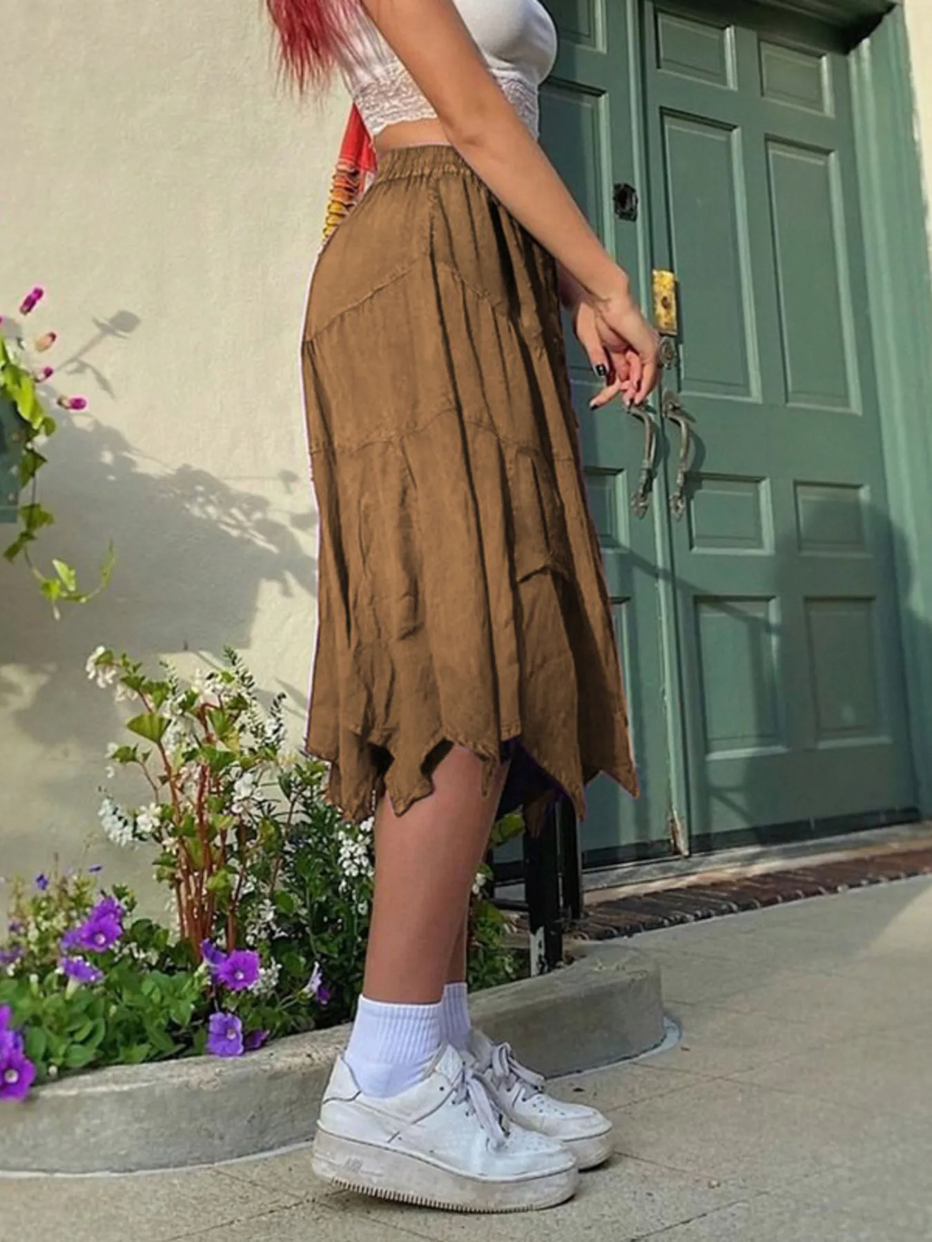 Asymmetrical Hem Midi Skirt with Drawstring Waist - Image 3