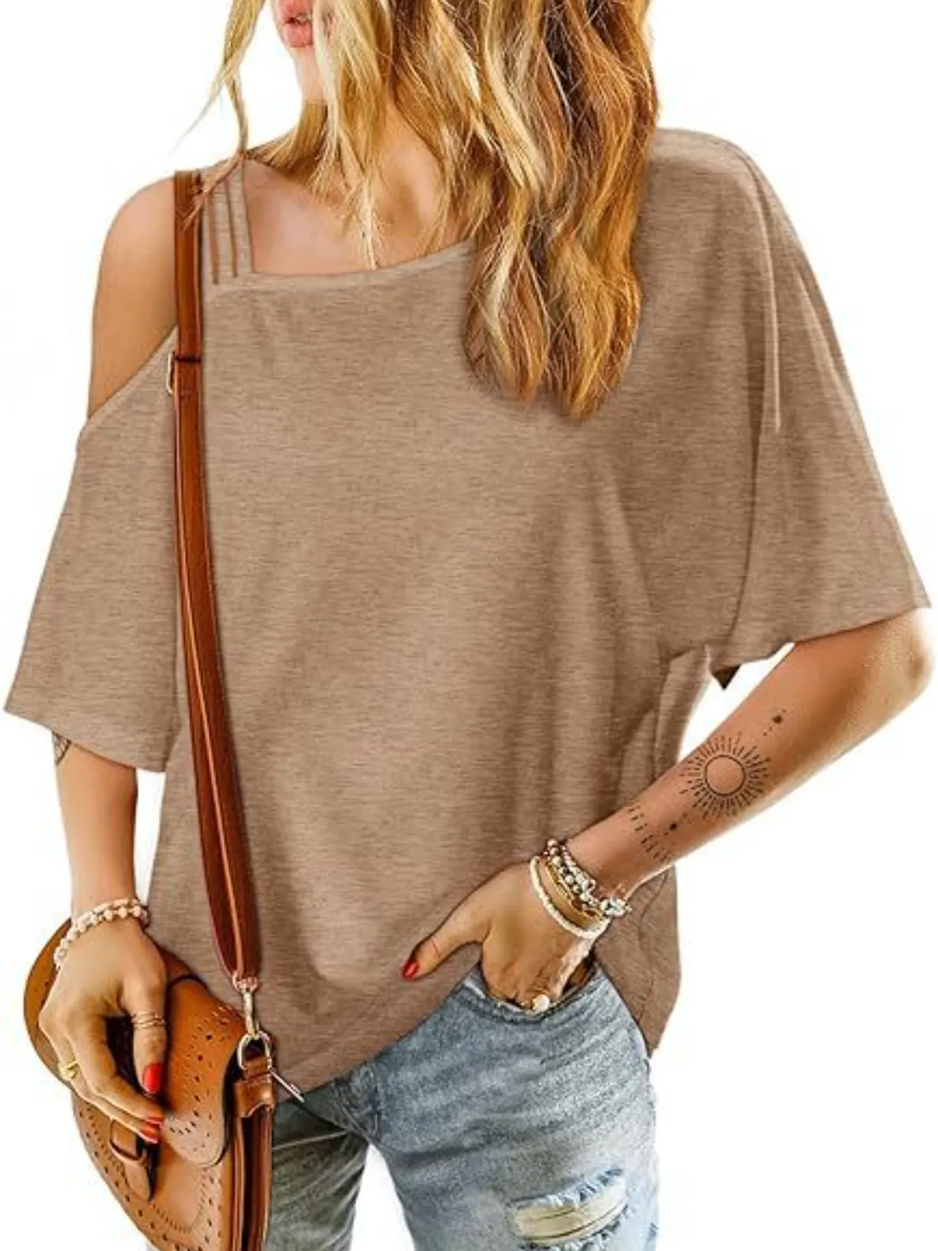 Asymmetrical Neck Half Sleeve T-Shirt - Image 7