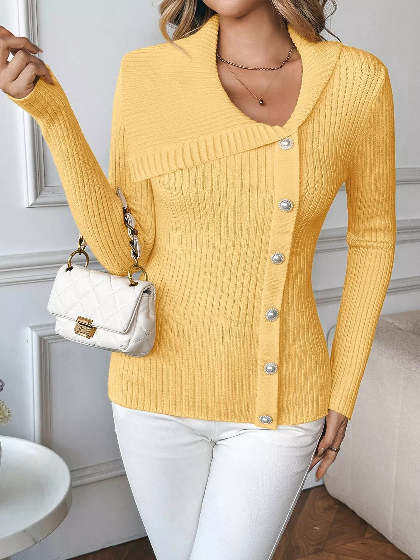 Asymmetrical Ribbed Button Up Cardigan - Image 3