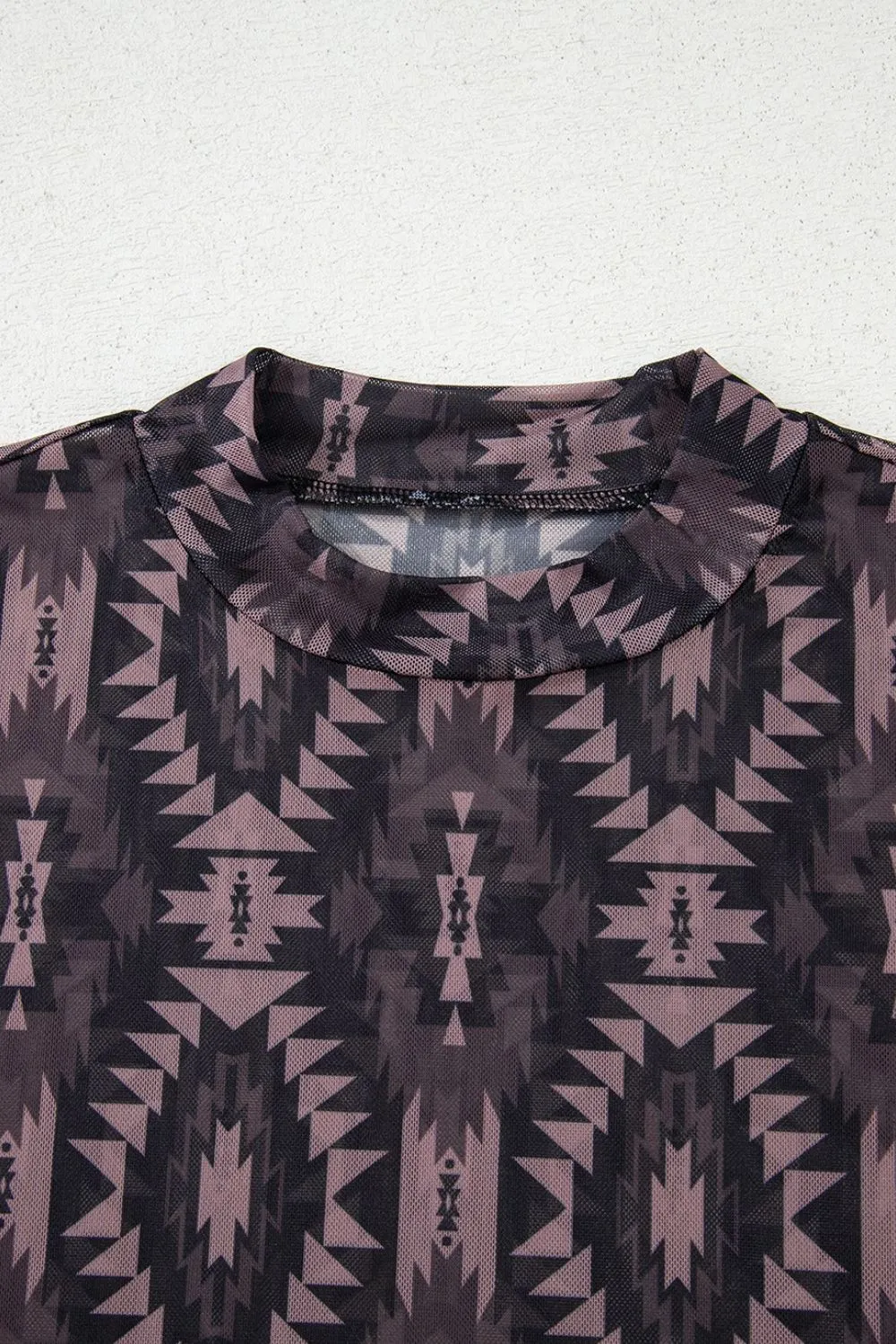 Aztec Print Mock Neck Short Sleeve Mesh T Shirt - Image 6