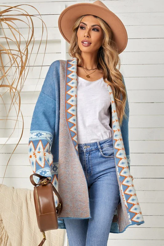 Aztec Print Open Front Knitted Cardigan - Image 5