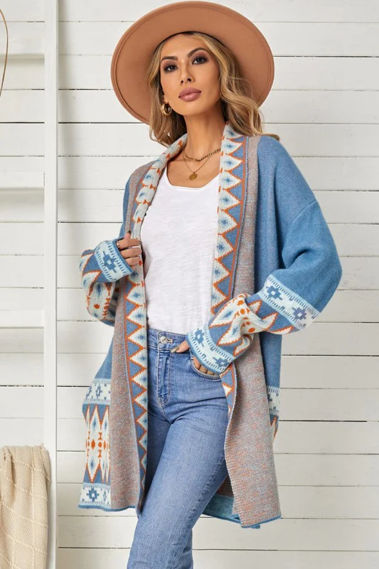 Aztec Print Open Front Knitted Cardigan - Image 7