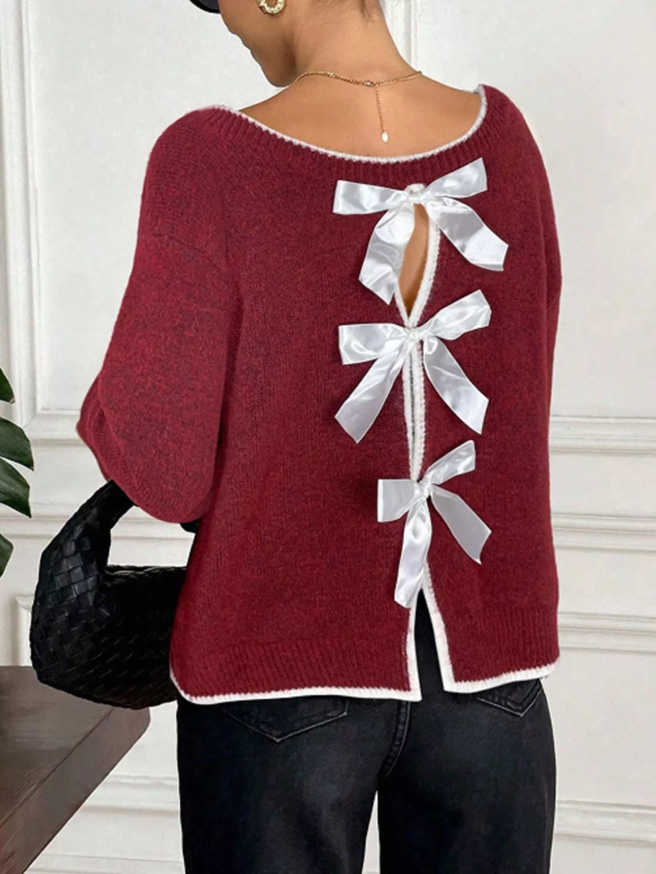 Back Bowknot Decor Round Neck Sweater - Image 3