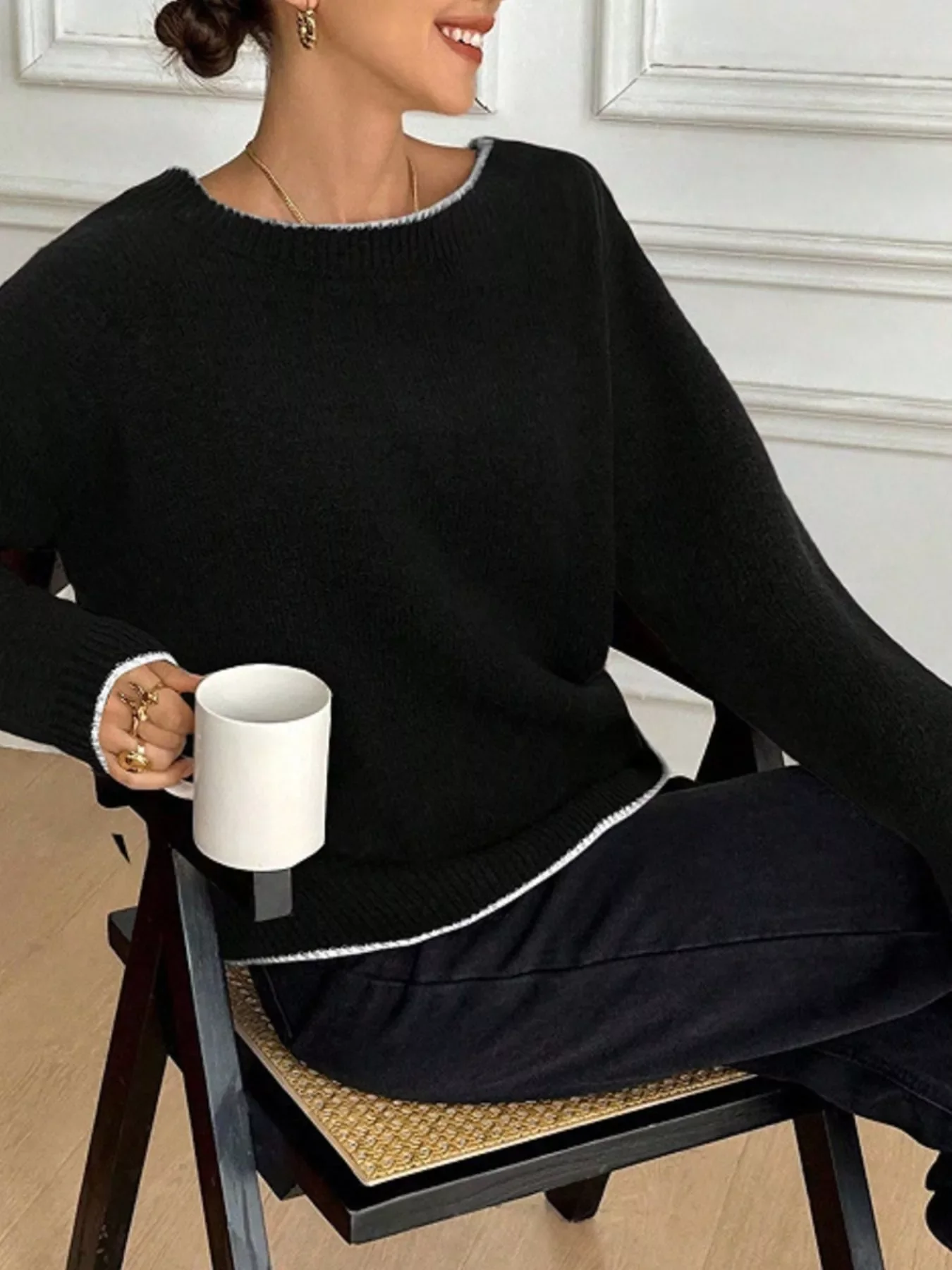 Back Bowknot Decor Round Neck Sweater - Image 5