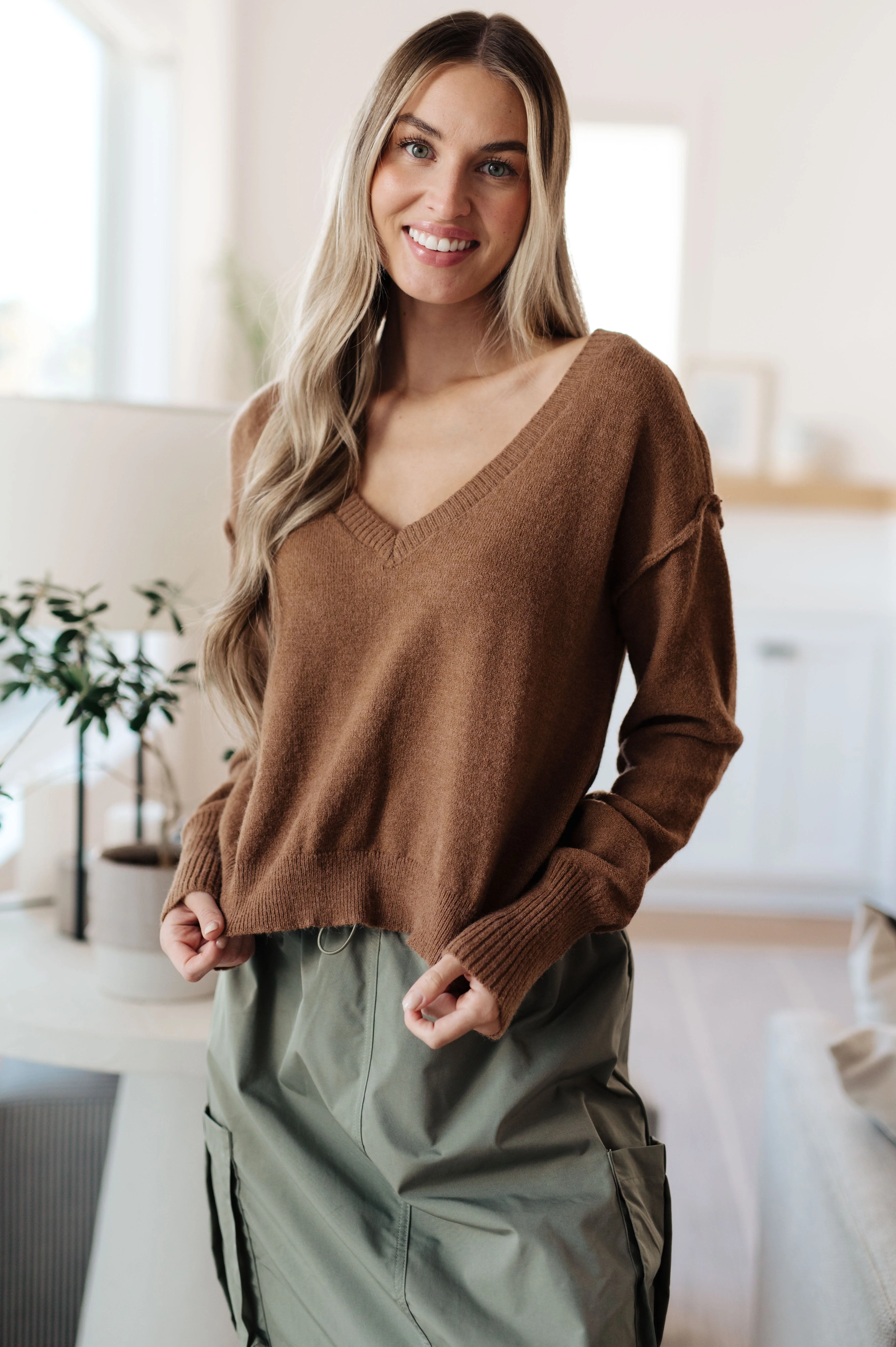 Back to Life V-Neck Sweater in Mocha - Image 3