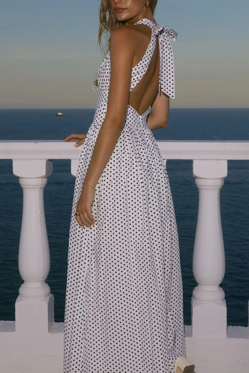 Backless Polka Dot Halter Neck Maxi Dress - Image 17