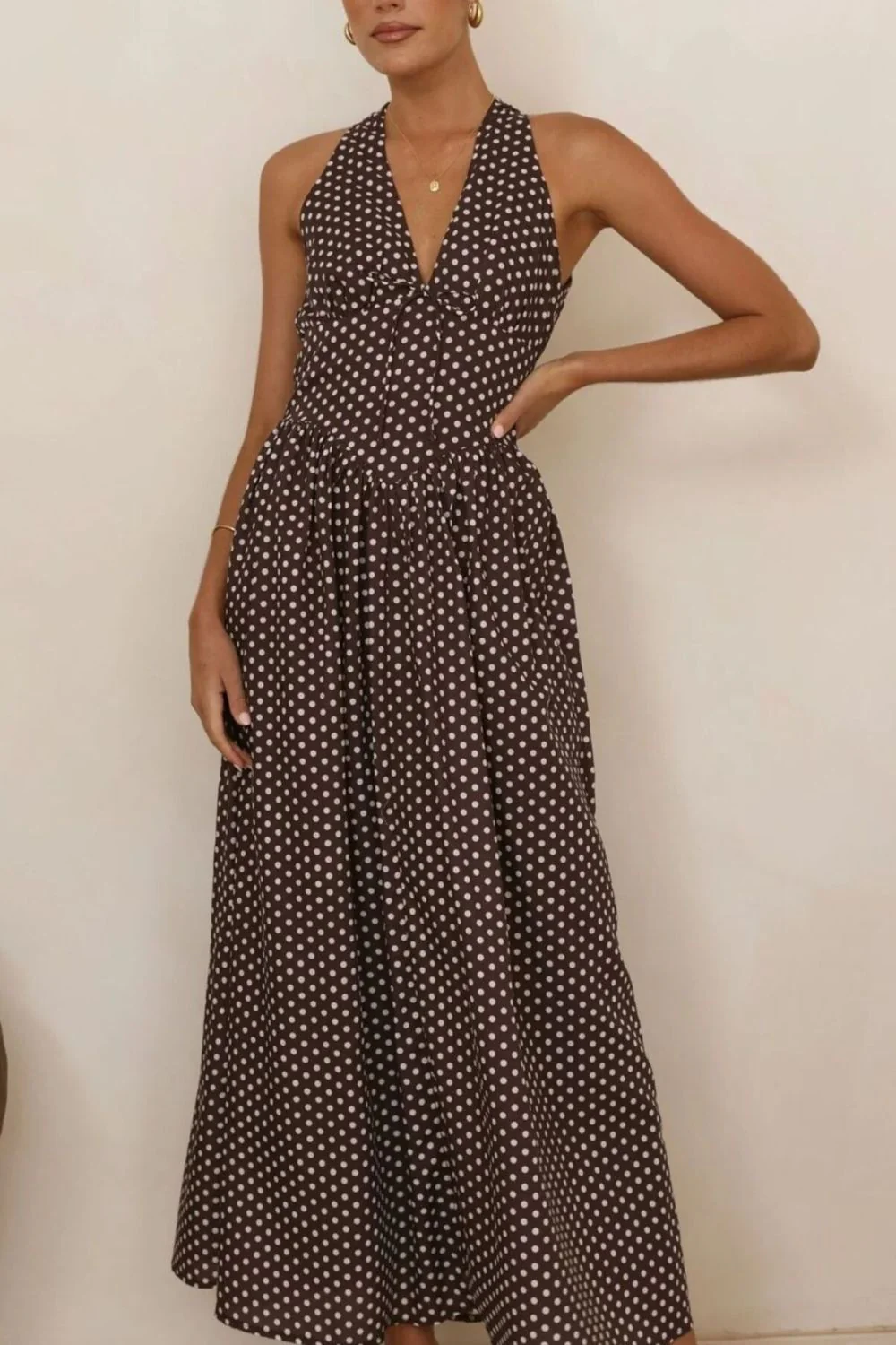 Backless Polka Dot Halter Neck Maxi Dress - Image 4