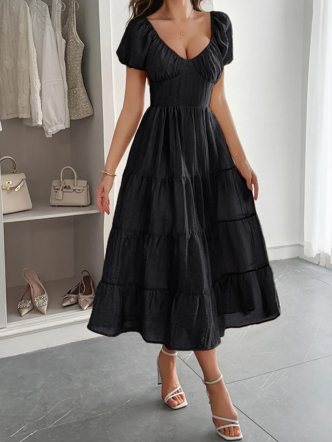 Backless Tiered Puff Sleeve Midi Dress - Image 2