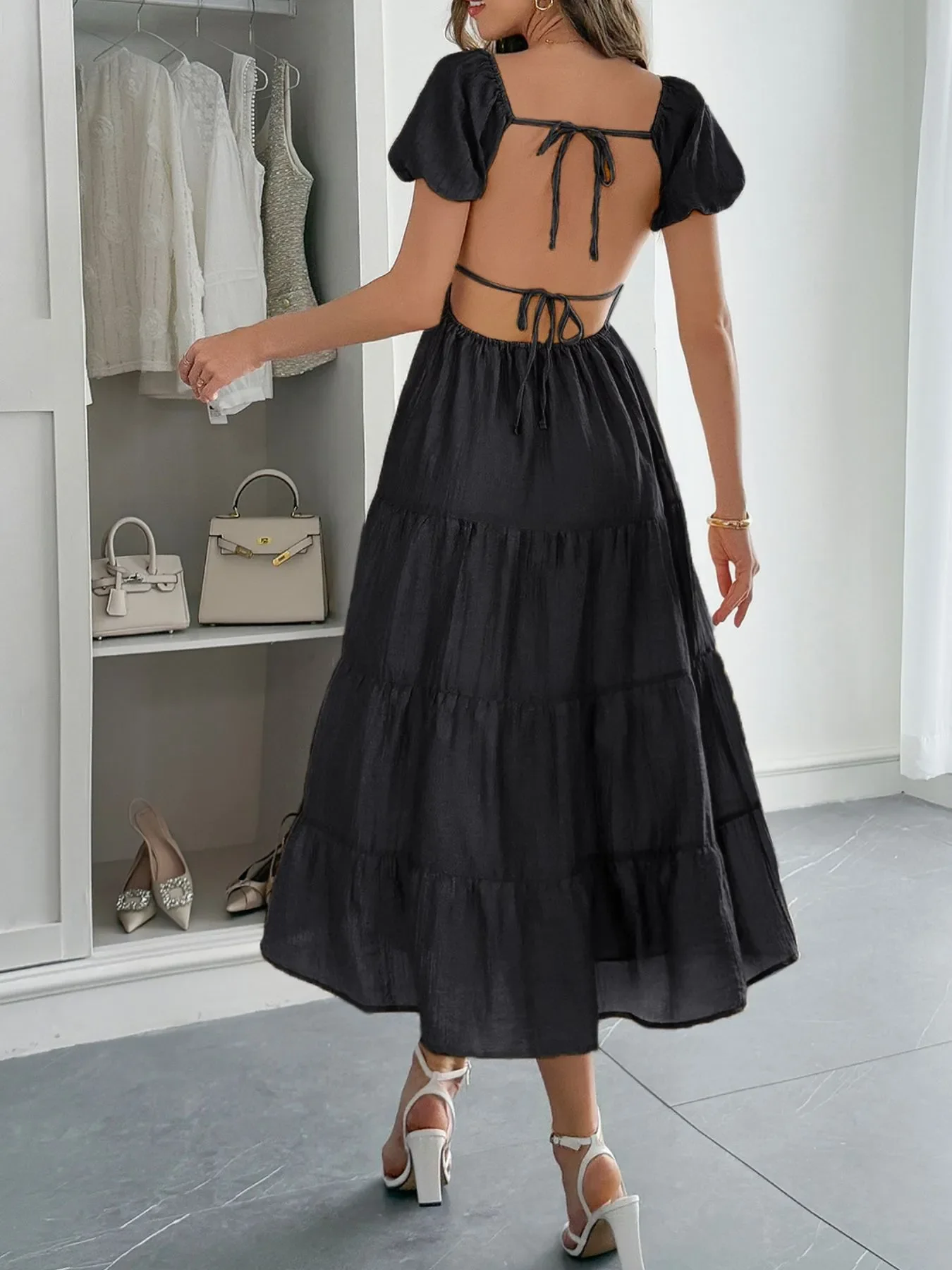 Backless Tiered Puff Sleeve Midi Dress - Image 3