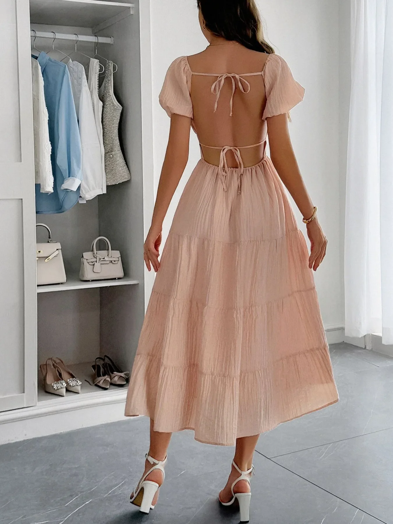 Backless Tiered Puff Sleeve Midi Dress - Image 6