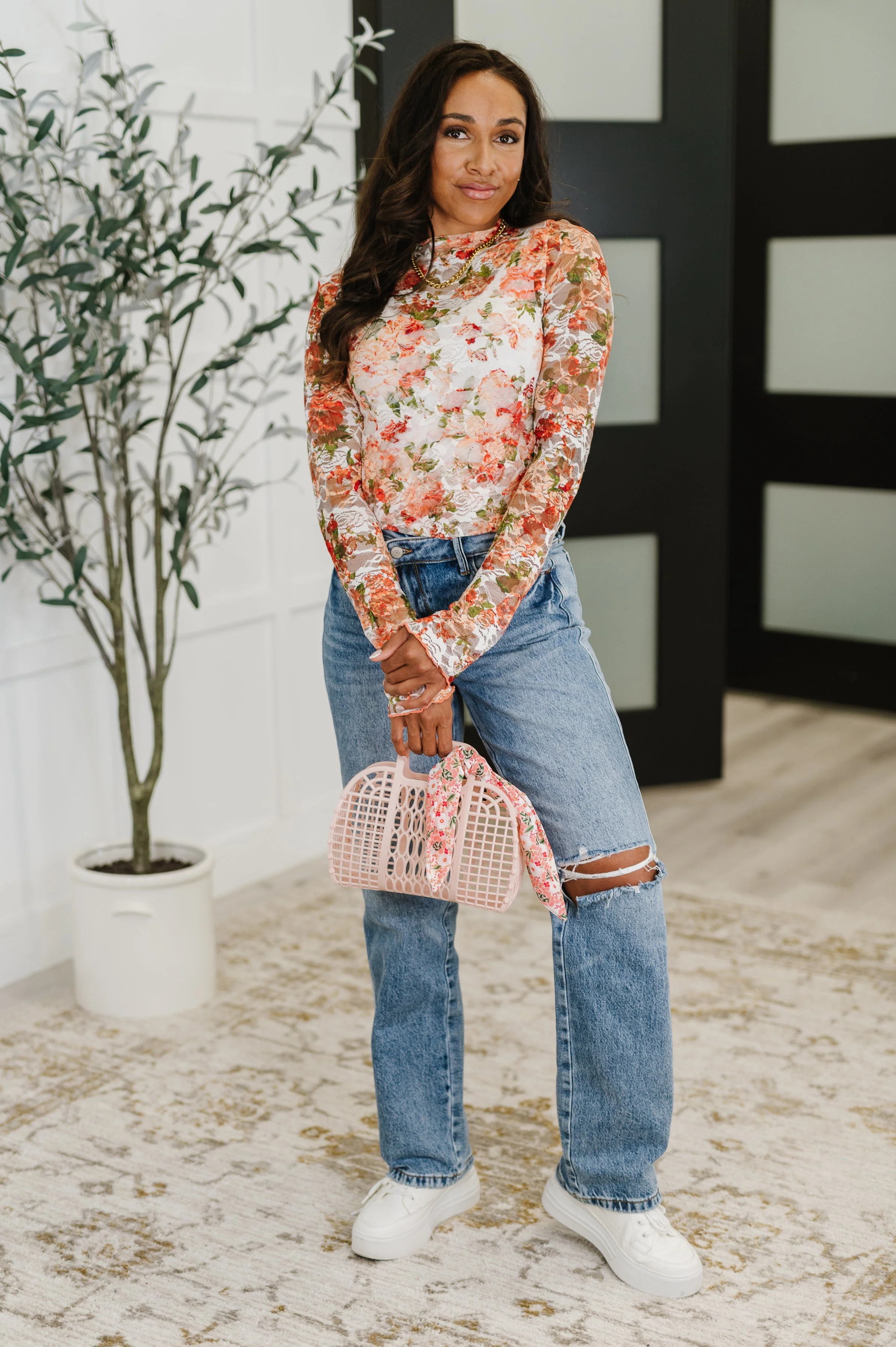Barely Behaving Floral Print Layering Top in Coral - Image 3
