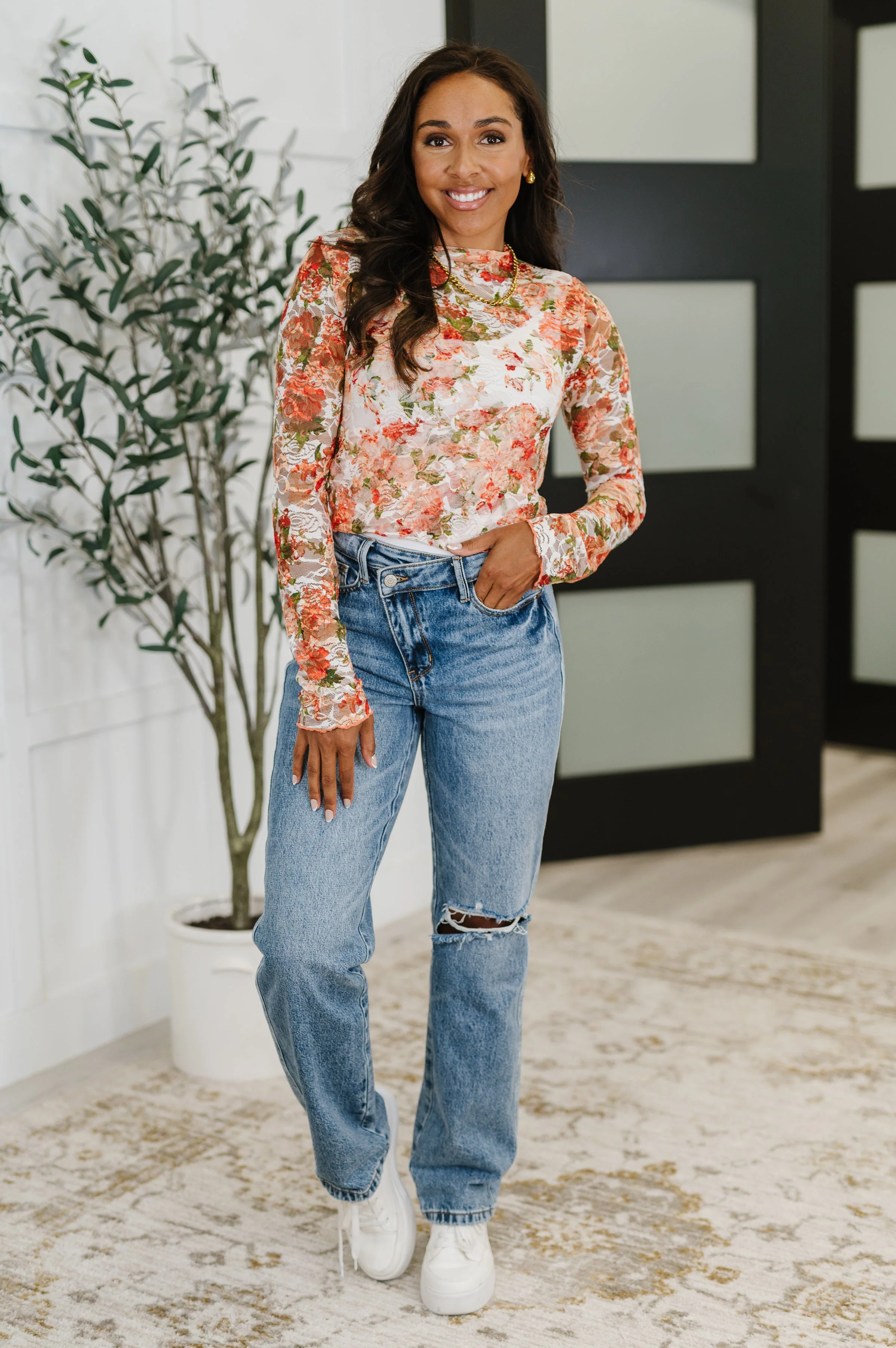 Barely Behaving Floral Print Layering Top in Coral - Image 4