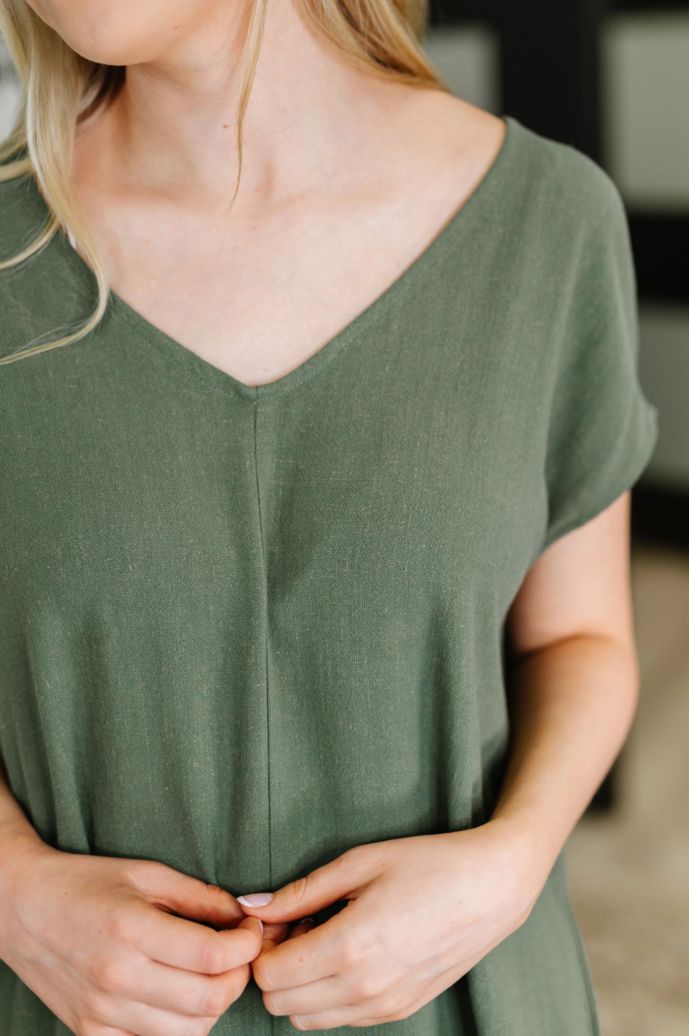 Barely Trying V-Neck Relaxed Dress in Gray Green - Image 2