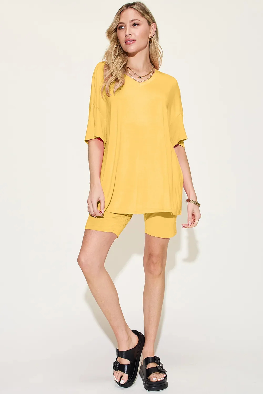 Basic Bae Bamboo Full Size  V-Neck Drop Shoulder T-Shirt and Shorts Set - Image 4