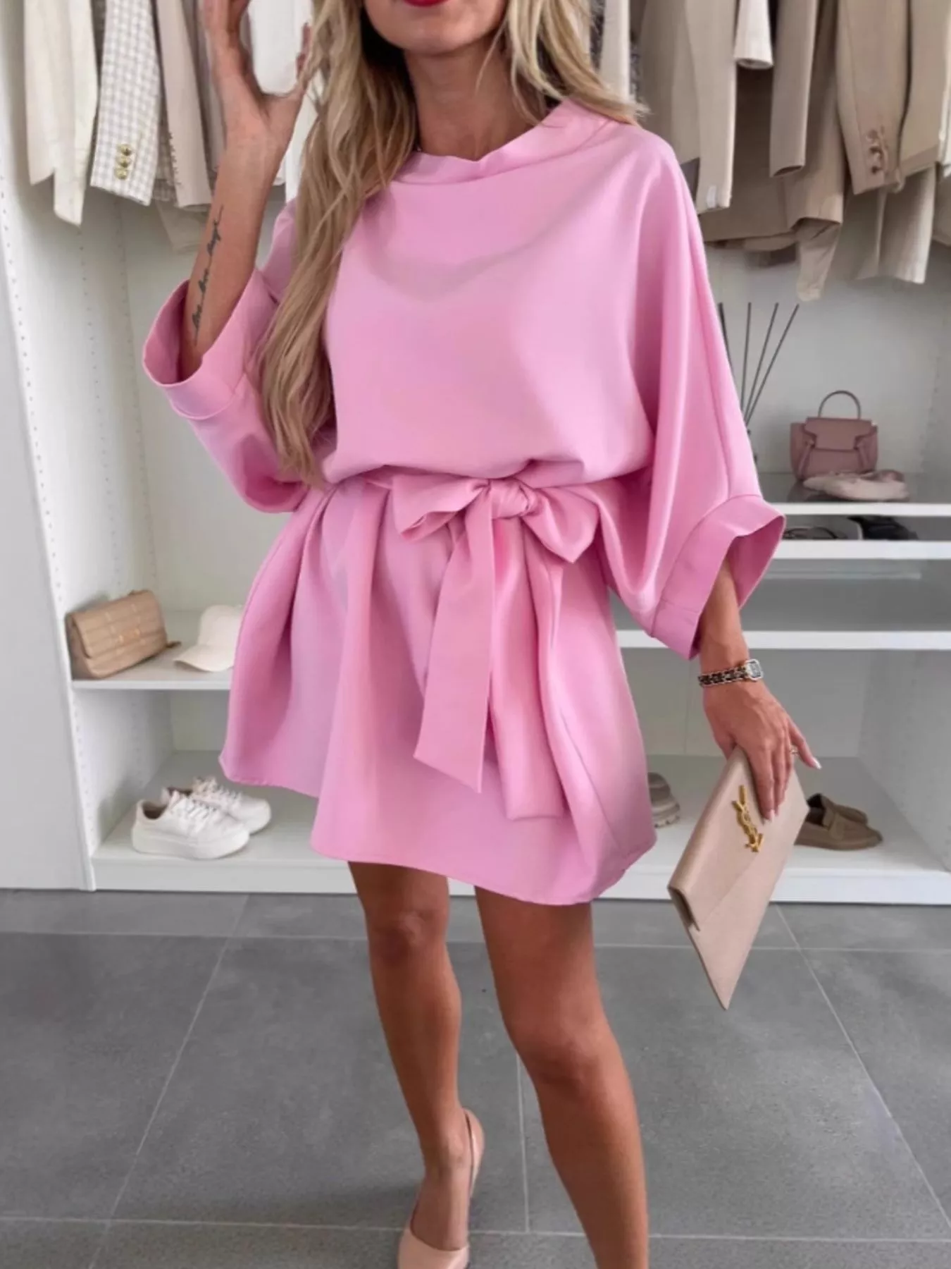 Batwing Sleeve Tie Waist Mini Dress - Image 4