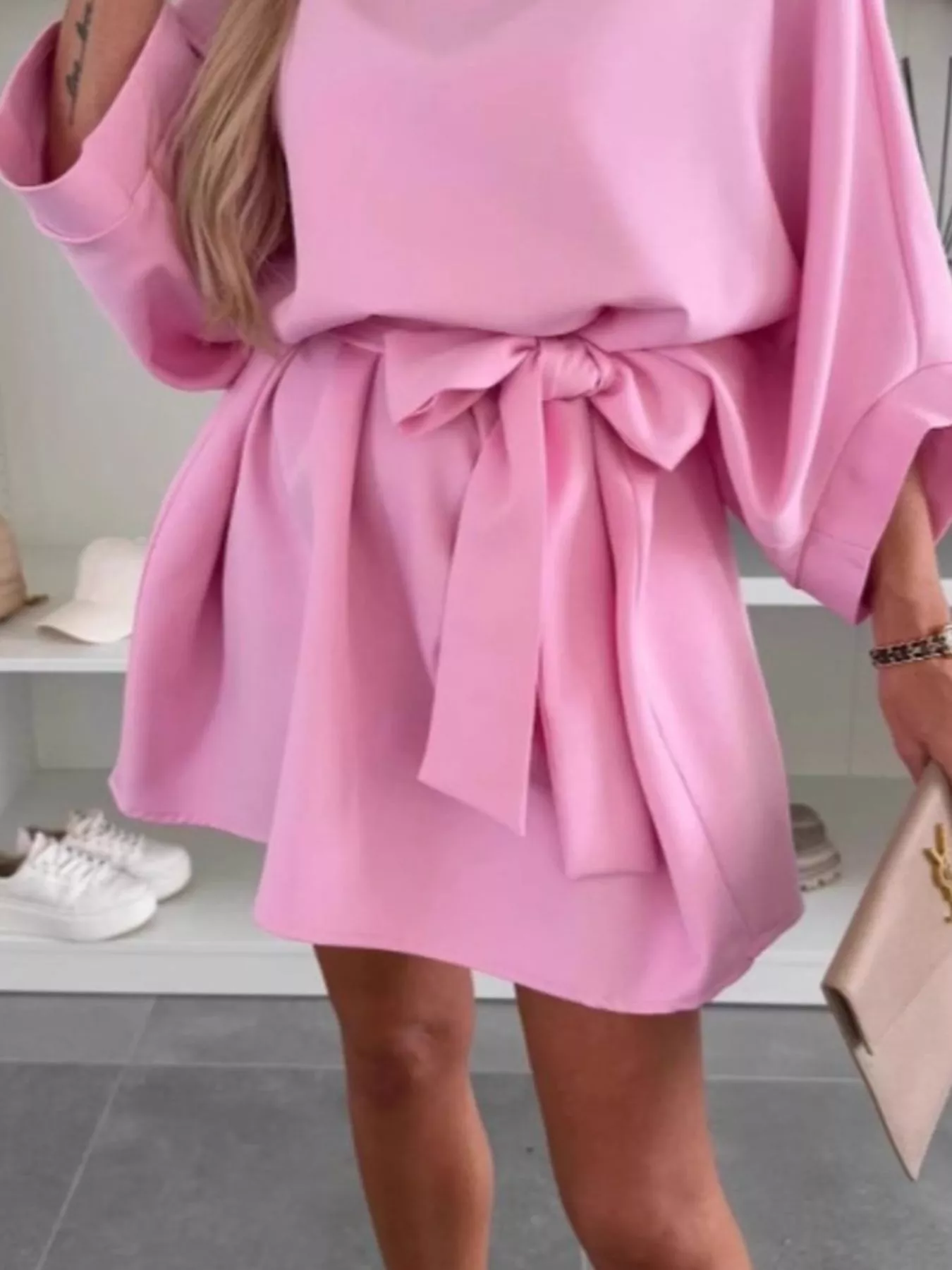 Batwing Sleeve Tie Waist Mini Dress - Image 6