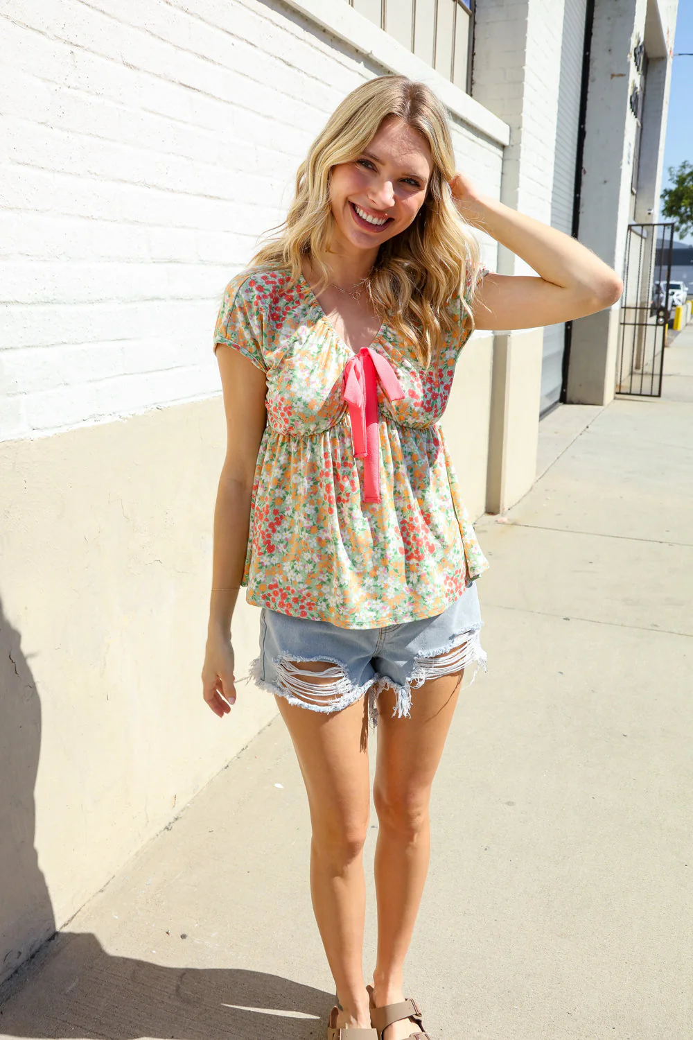 Be Charming Sage Floral Print Elastic Neck Ribbon Bow Tie Top - Image 12