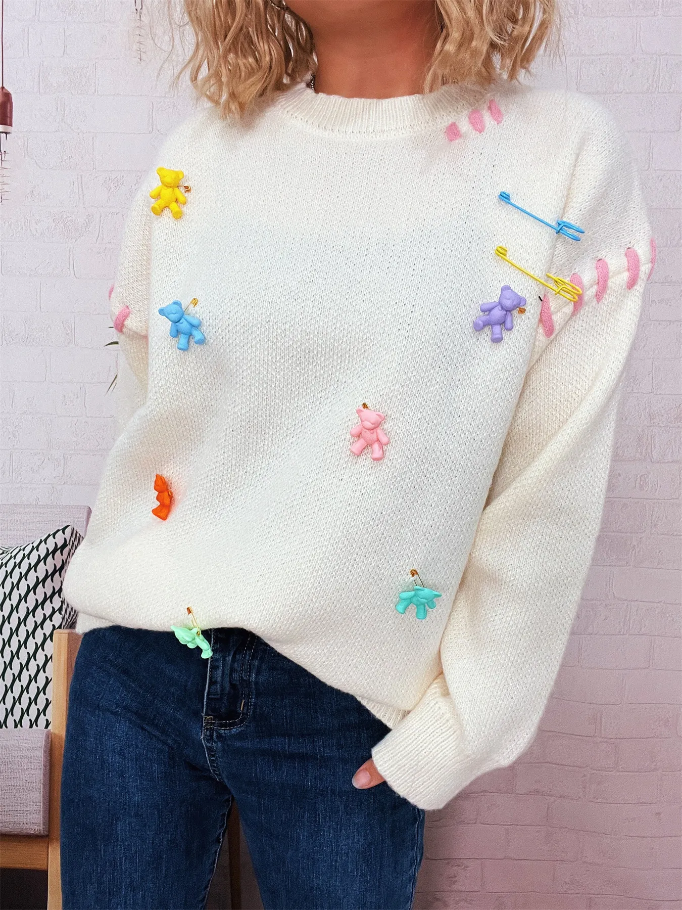 Bear Decoration Round Neck Sweater - Image 13