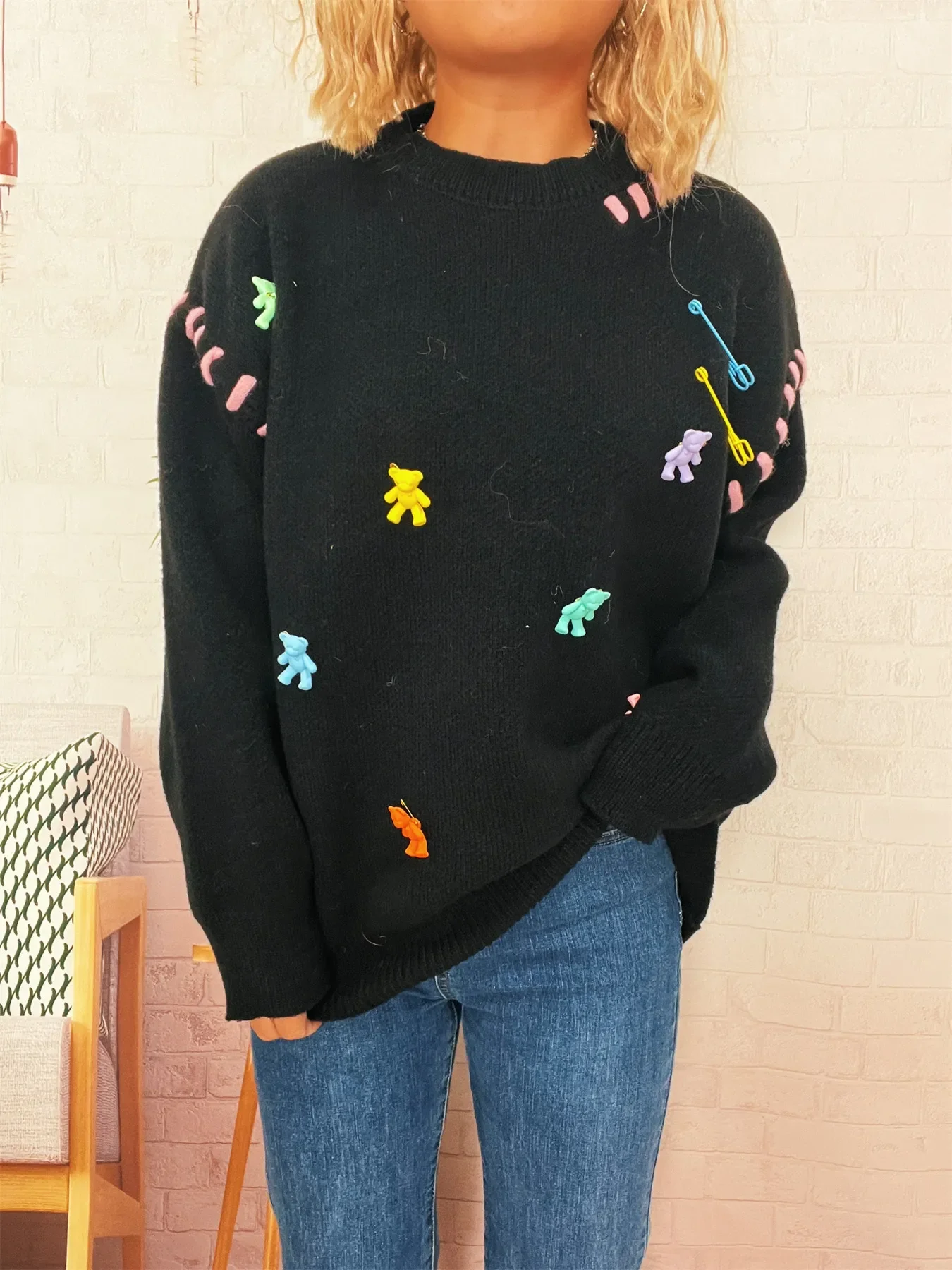 Bear Decoration Round Neck Sweater - Image 7