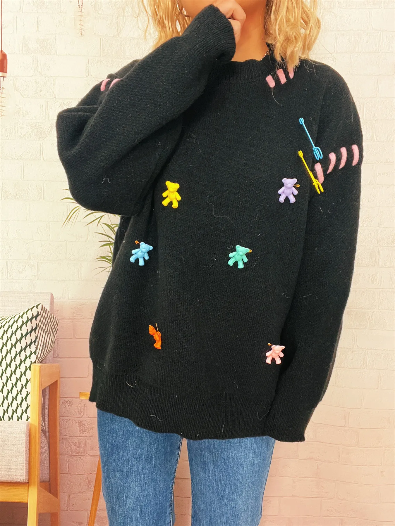 Bear Decoration Round Neck Sweater - Image 8